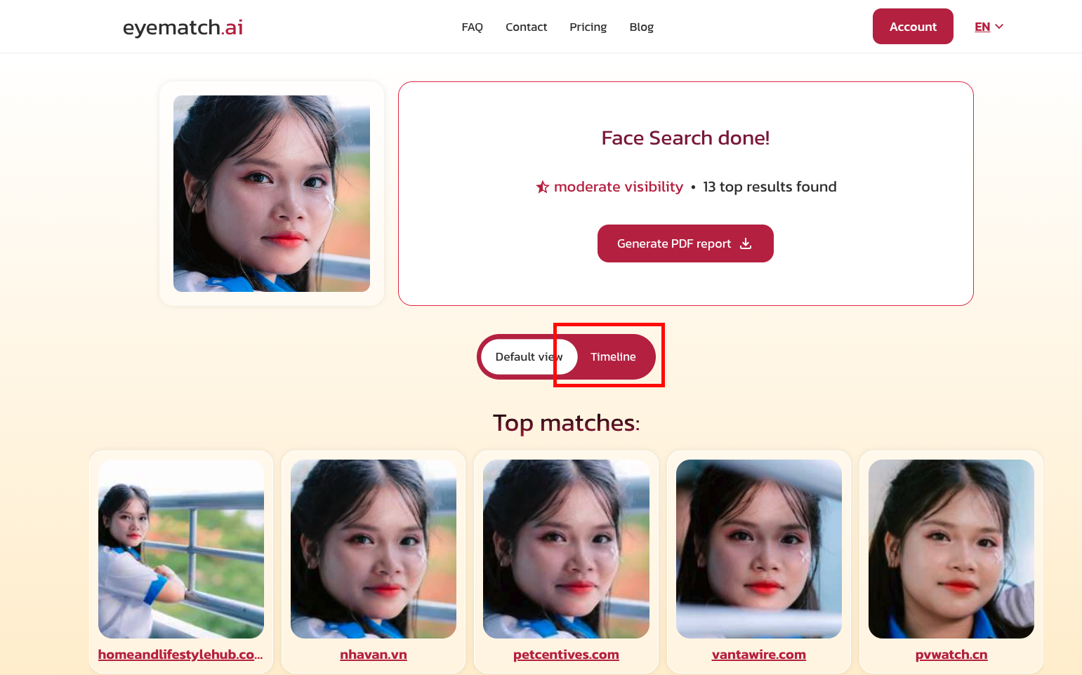 timeline view on eyematch.ai